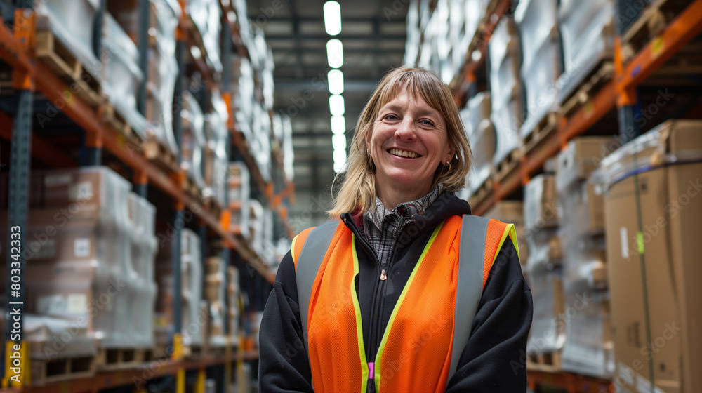 Smiling woman in safety vest standing in a warehouse with shelves full of boxes. Smiling woman in safety vest standing in a warehouse with shelves full of boxes.