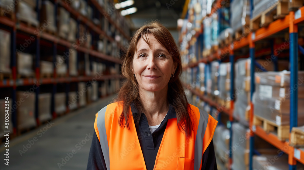 Portrait of a smiling woman in an orange safety vest standing in a warehouse Portrait of a smiling woman in an orange safety vest standing in a warehouse