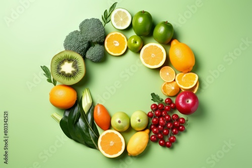 Various fruits and vegetables arranged in a circle on a green background