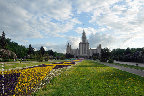 View of the Moscow State University. M.V. Lomonosov on a spring day