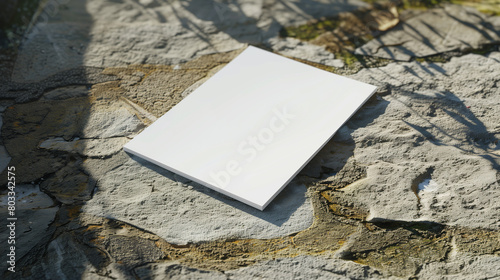 A blank white book lies open on a textured ground with shadows of leaves, suggesting a quiet, reflective moment in nature. photo