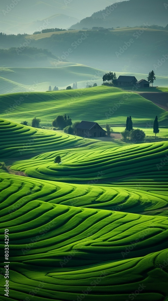 Green rolling hills with a barn in the distance