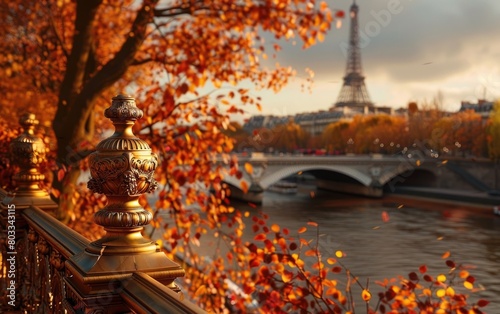 Autumn in Paris with the Eiffel Tower and Seine River from a golden bridge.