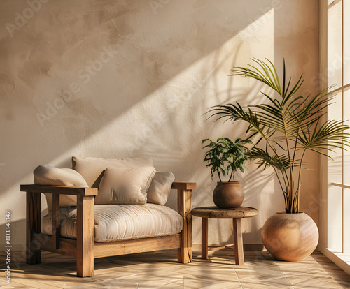 An wooden armchair with beige cushions, placed on the floor in front of an empty wall, next to it is a small round table and two vases filled with plants, creating a warm atmosphere