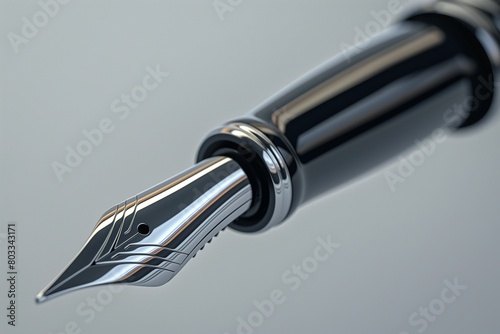 A high-end, modern fountain pen with a glossy finish, captured in exquisite detail against a soft, light gray studio background.