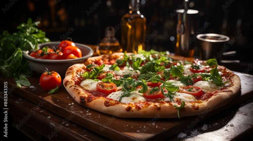 Close-up of a delicious pizza with fresh tomatoes, basil, and mozzarella cheese