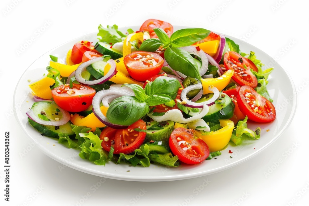 A vibrant plate of assorted fresh vegetables, such as tomatoes, cucumbers, bell peppers, and carrots, arranged beautifully on a white table.