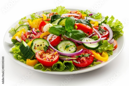A vibrant plate of assorted vegetables including tomatoes, cucumbers, bell peppers, and carrots, arranged neatly on a white table.