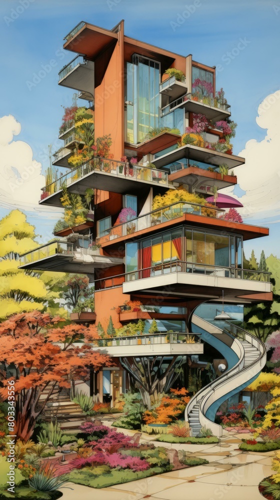 Fototapeta premium futuristic apartment building with lots of plants and a spiral staircase