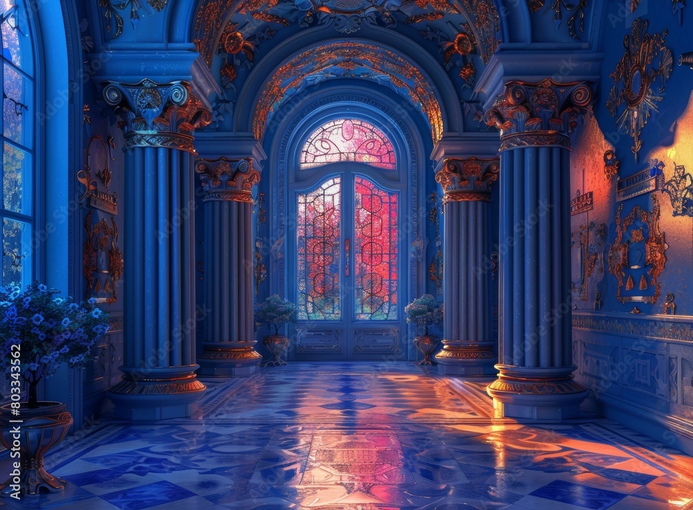 Blue and gold palace hallway with stained glass doors