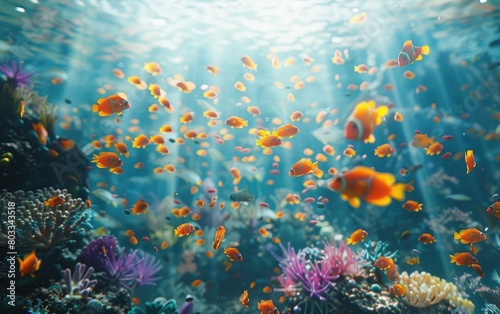 Sunlight filters through water, illuminating a vibrant coral reef bustling with colorful fish.