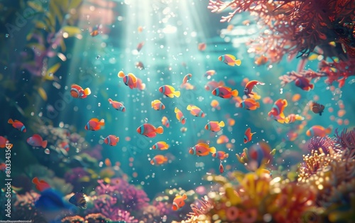 Sunlight filters through water, illuminating a vibrant coral reef bustling with colorful fish. © Mark