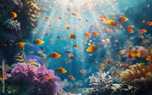 Sunlight filters through water, illuminating a vibrant coral reef bustling with colorful fish.