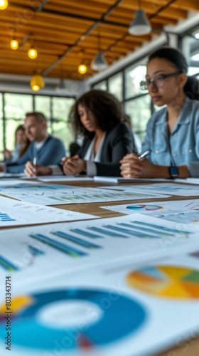 Multiethnic business team analyzing financial reports and graphs during a meeting in the office