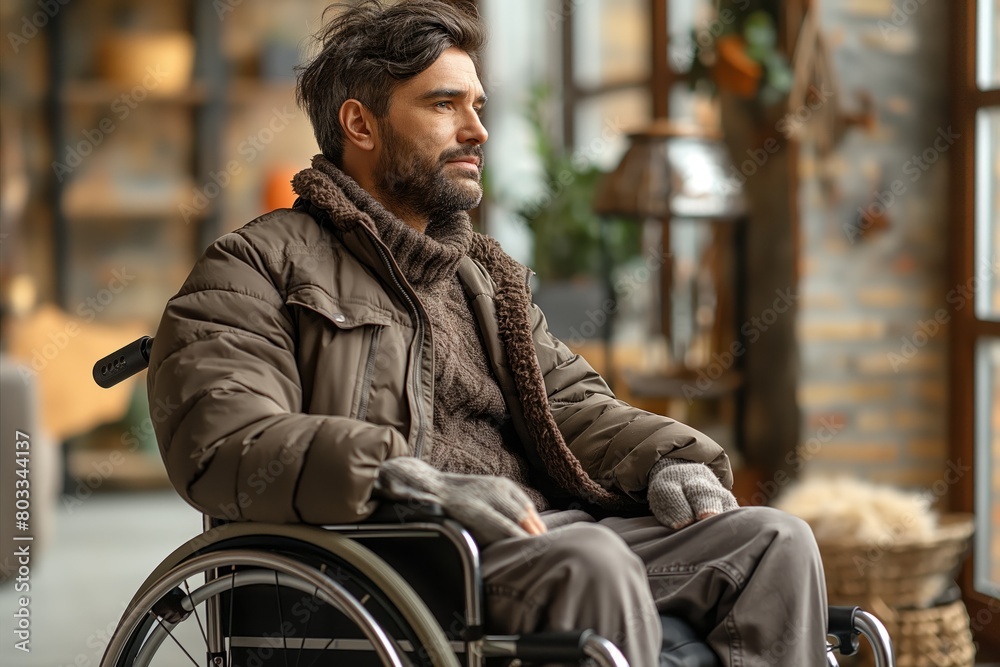 Man in wheelchair looking contemplatively Man in wheelchair looking contemplatively