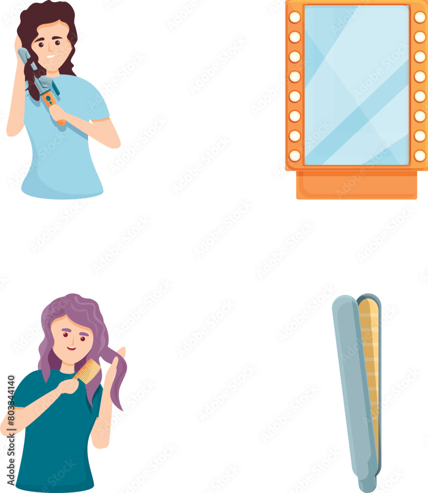 Beauty saloon icons set cartoon vector. Woman take care of her hair. Hair care concept Beauty saloon icons set cartoon vector. Woman take care of her hair. Hair care concept