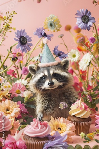 Raccoon Wearing Party Hat Among Cupcakes