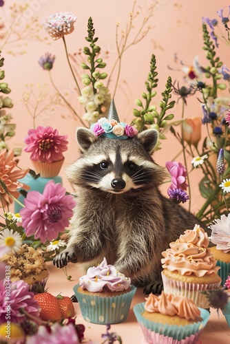 Raccoon Surrounded by Cupcakes and Flowers
