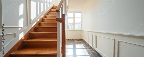 View on the stairs in renovated house with white walls.