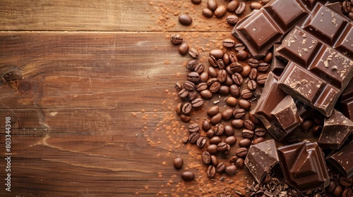 Wallpaper Mural Chocolate pieces with coffee beans on wooden table, copy space Torontodigital.ca