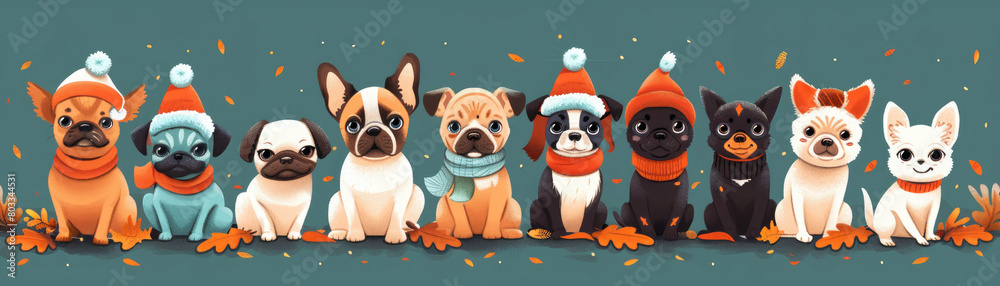 A group of different breeds of dogs wearing party hats and scarves are sitting in a row against a green background. A group of different breeds of dogs wearing party hats and scarves are sitting in a row against a green background.