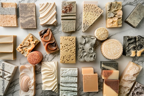 An array of artisanal soaps with natural textures and colors, neatly arranged on a marble studio background.