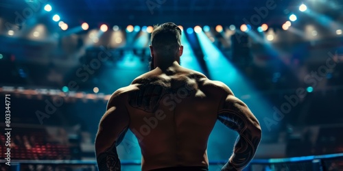 A muscular man with tattoos on his back and arms stands in a boxing ring, ready to fight.