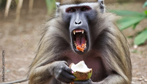 a-baboon-using-its-strong-jaws-to-open-a-coconut- 3 photo