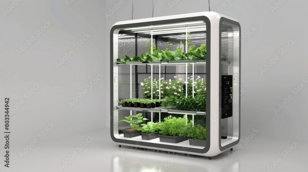 Fototapeta premium Racks with young microgreens in pots under led lamps in hydroponics vertical farms.