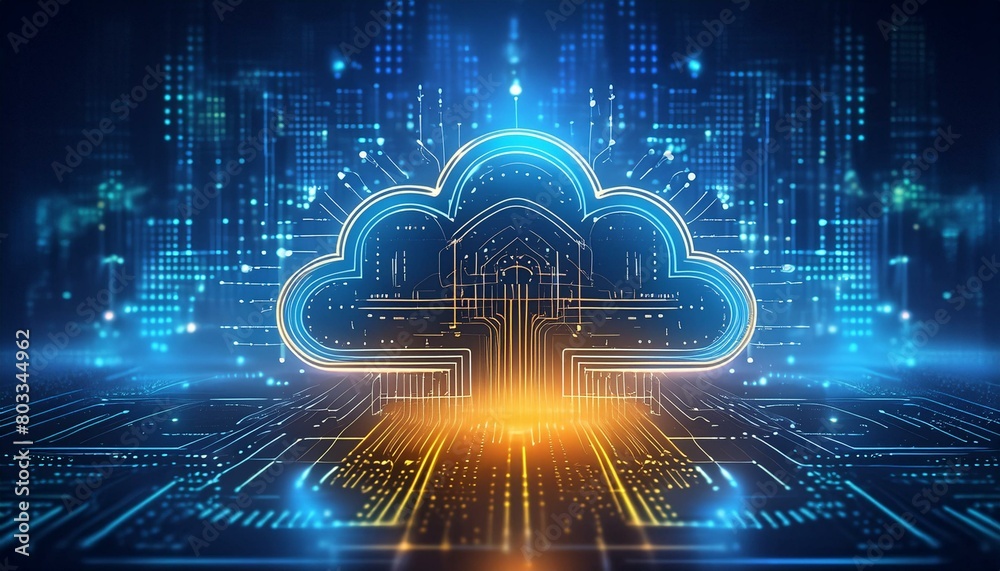 cloud computing in e-commerce, blue digital background with orange lines, cloud service cloud computing in e-commerce, blue digital background with orange lines, cloud service