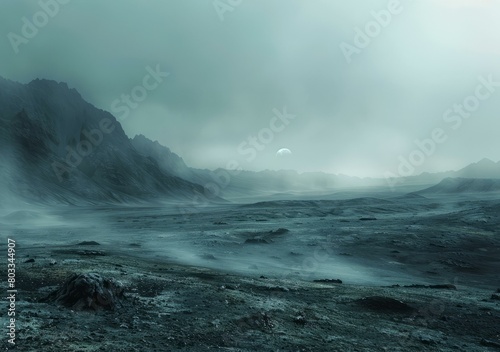 Barren alien planet landscape with distant moon