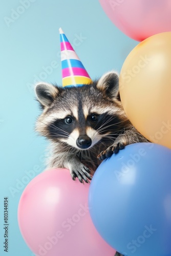 Raccoon Wearing Party Hat and Holding Balloons
