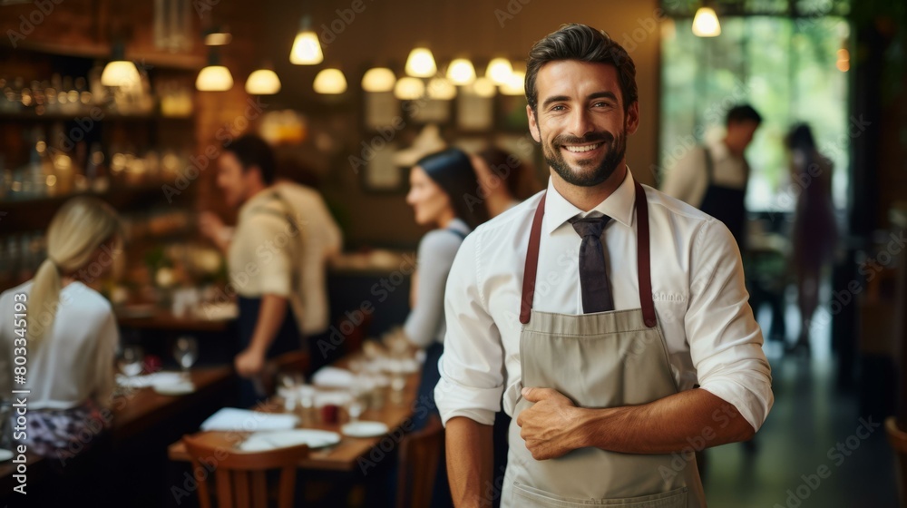 Portrait of a happy waiter in a restaurant