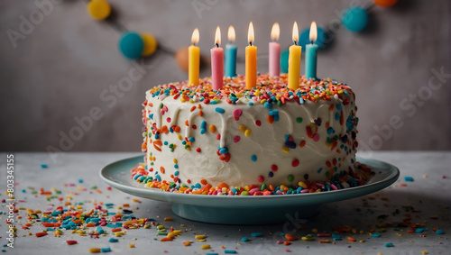 A birthday cake with six lit candles sits on a table.