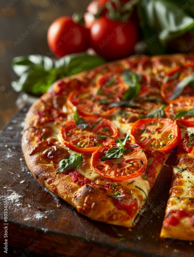 Close-up of a delicious pizza with fresh tomatoes and basil