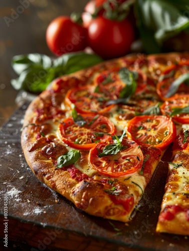Close-up of a delicious pizza with fresh tomatoes and basil