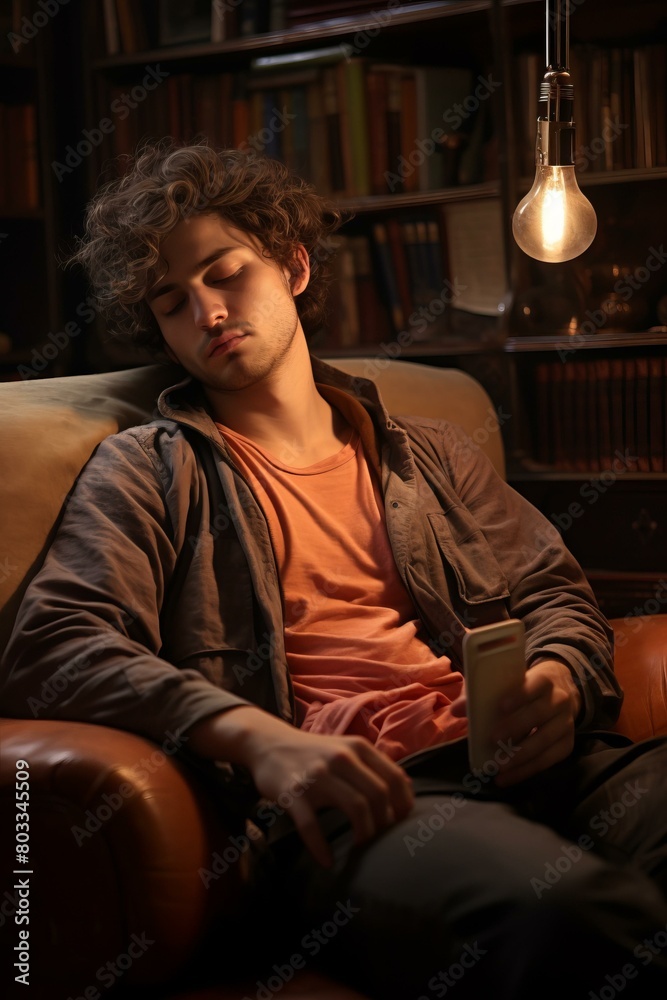 Young man sleeping in a chair with a book in his lap