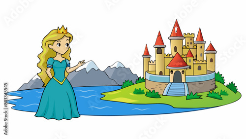 A beautiful princess stands at the edge of a crystalclear lake her long flowing hair cascading down her back. On the opposite shore a towering castle. Cartoon Vector