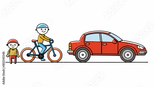 A bicycle and a car The bicycle is smaller and powered by human legs while the car is larger and powered by an engine.. Cartoon Vector
