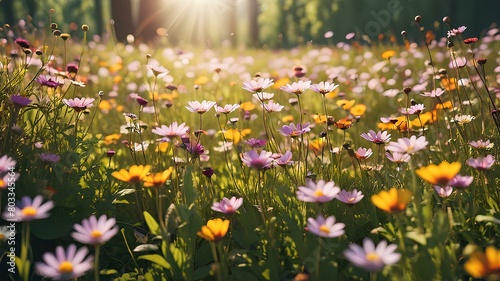 field of flowers with different shapes and pink and yellow colors in the morning © MoezZ