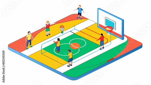 A basketball court lined with brightly colored lines and hoops where students gather to play games and blow off steam.. Cartoon Vector