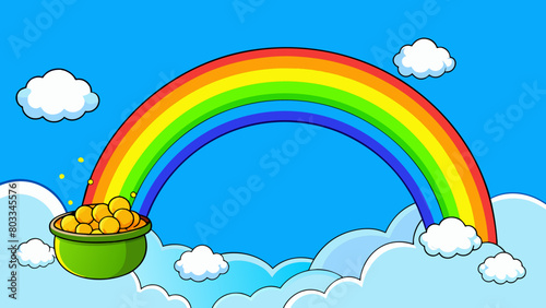 A beautiful rainbow stretching across a clear blue sky ending at a pot of shimmering gold coins at its base. The coins are perfectly round and glimmer. Cartoon Vector