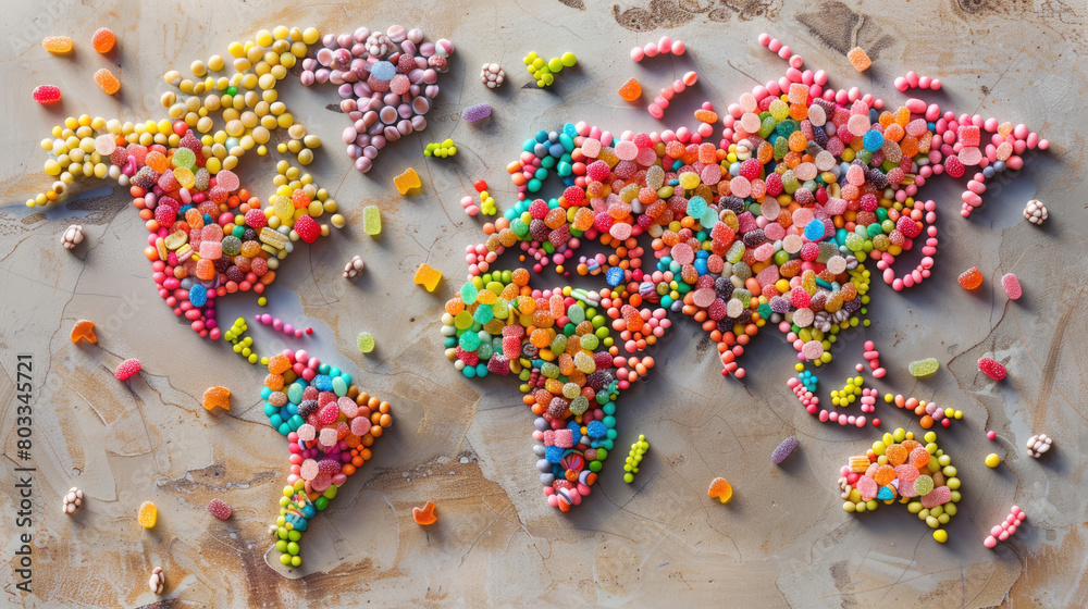 Obraz premium World map made of colorful candies and sweets