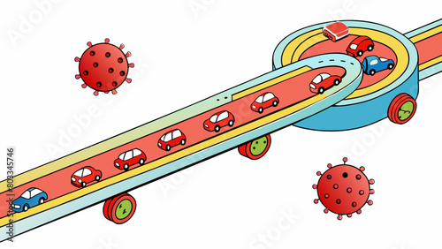 A bustling highway network with red cells acting as tiny cars delivering goods and supplies to various parts of the body. The vessels are narrow yet. Cartoon Vector
