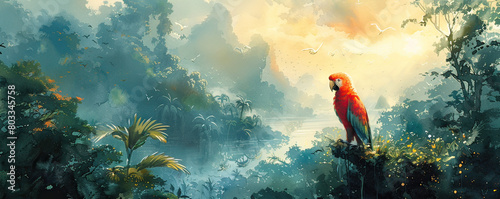 Lush tropical jungle scene in watercolor featuring a vivid red parrot perched overlooking a serene river and misty mountains. photo