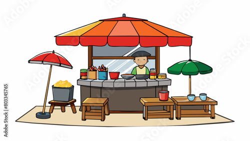 A bustling Asian street food stall with colorful umbrellas and plastic stools for seating. The menu is written on a chalkboard in bold handdrawn. Cartoon Vector