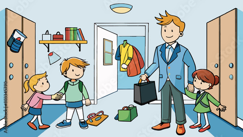 A bustling hallway with shoes and jackets strewn about. A mother is helping her children pack their school bags while a father is tying his sons tie.. Cartoon Vector