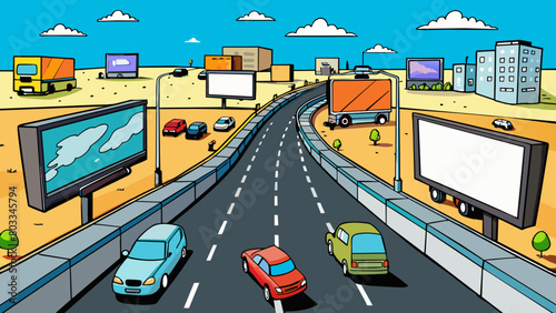 A bustling multilane highway that s through the heart of the city. Bright billboards and neon signs line the roadside competing for attention with the. Cartoon Vector