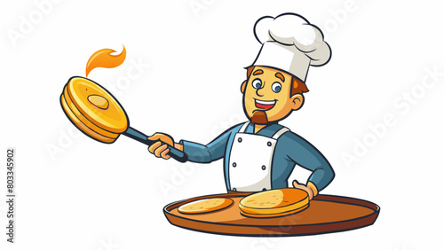 A chef swiftly flipping pancakes in a sizzling pan the smell of butter and syrup filling the air and the golden edges of the pancakes starting to. Cartoon Vector