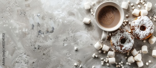 Hot cocoa beverage on a textured backdrop, accompanied by mini marshmallows and sugary donuts. An idea representing a comforting winter drink with room for text.